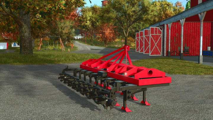 fs25-mods,  FS25 mod: Red Lizard 15 Cultivator displayed outdoors in Farming Simulator 25, with trees and a barn in the background.