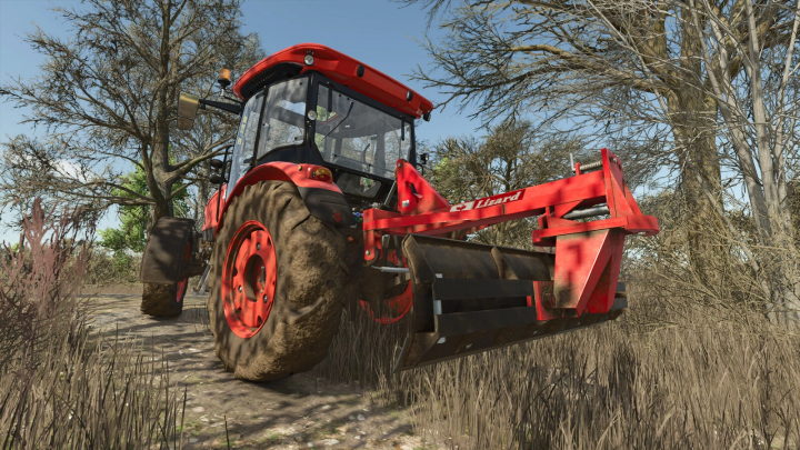 fs25-mods, Farming Simulator 25 mod: Lizard LT Pack v1.0.0.0, a red tractor with a front loader, shown in a rural field with trees and dry grass.