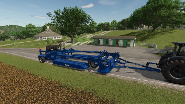 fs25-mods, Farming Simulator 25 mod: Lizard Mega Mulcher Mower v1.0.0.0 attached to a tractor on a farm lane.