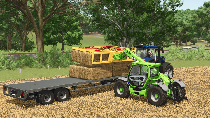 fs25-mods,  Farming Simulator 25 mod: Green telehandler lifting hay bales with a flatbed trailer in a farmland setting.