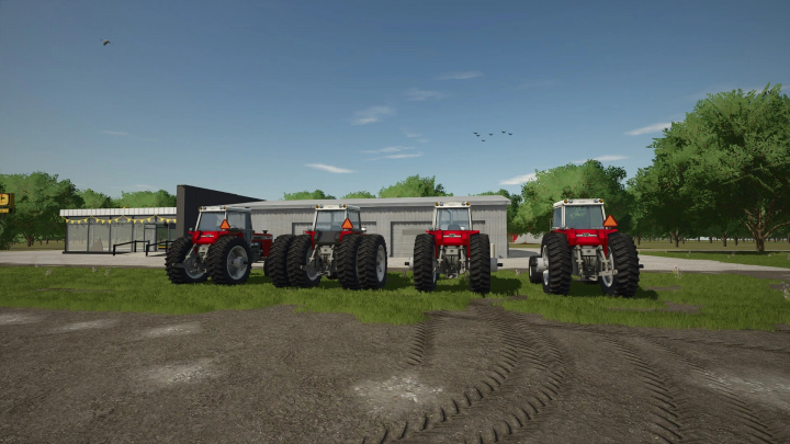 fs25-mods,  Four Massey Ferguson 2000 Series tractors in Farming Simulator 25 with overhauled mods, parked on a farm.