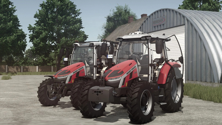 fs25-mods,  Farming Simulator 25 mods: Two Massey Ferguson 5S tractors parked outside a shed, showcased as part of FS25 mods.