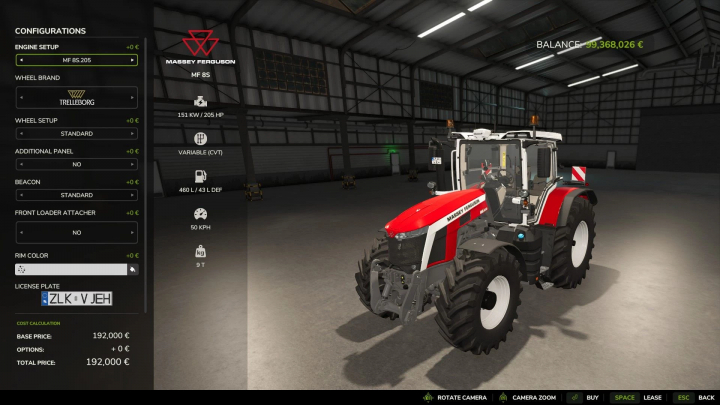 fs25-mods, Farming Simulator 25 mod: Massey Ferguson 8S tractor with configurable options, in a warehouse setting, showing engine specs and price.