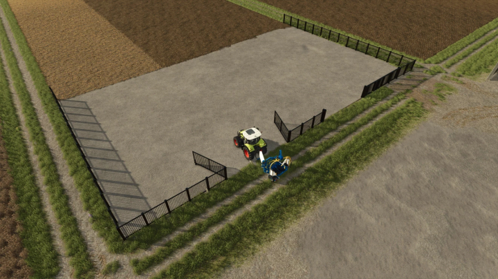 fs25-mods,  Farming Simulator 25 mod: Metal Fence With Gates Pack v0.9.0.0 installed around a crop field with tractor and equipment.