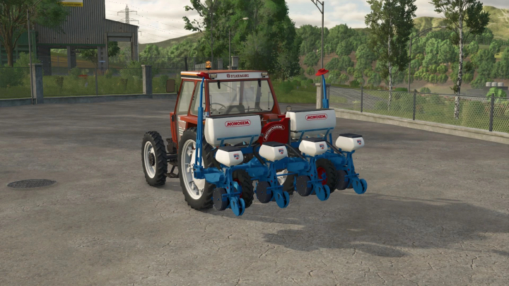 fs25-mods, Farming Simulator 25 mod: Monosem NG Plus v1.0.0.0 planter attached to a tractor in Farming Simulator 25 game.