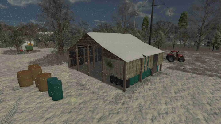 fs25-mods, FS25 mod: Old Australian Barn v1.0.0.1 in snowy farm setting with trees, tractor, hay bales, and barrels.