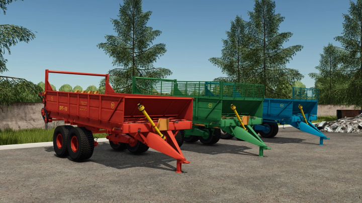 fs25-mods, Three colorful farm trailers with yellow hydraulic systems in Farming Simulator 25, showcasing FS25 mods like PRT-10 v1.0.0.0.