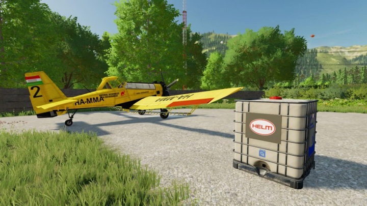 fs25-mods,  Farming Simulator 25 mod: yellow aircraft and HELM water container on the ground amidst green trees and hills.