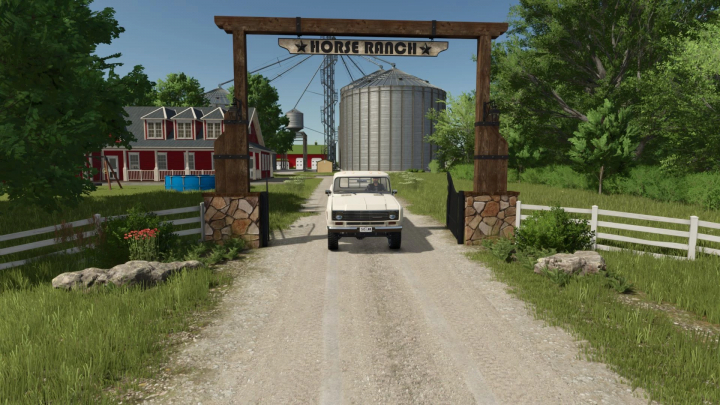 fs25-mods,  Farming Simulator 25 mod: Ranch Gate v1.0.0.0 at Horse Ranch with a white vehicle on a dirt road, surrounded by greenery and farm buildings.