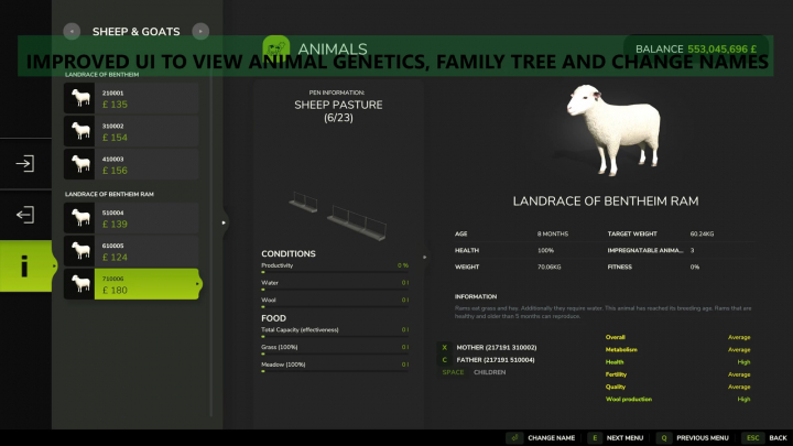 fs25-mods,  Farming Simulator 25 mod screen showing a sheep from the Realistic Livestock v1.0.0.4 mod, with animal details and family tree.