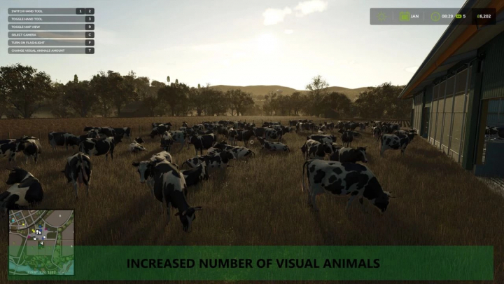 fs25-mods, Farming Simulator 25 mod showcasing increased number of visual animals, with a herd of cows outside a barn at sunset.