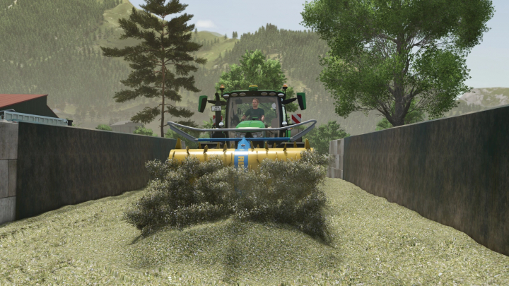 fs25-mods,  Farming Simulator 25 mod: Reck JUMBO 2 v1.0.0.0 tractor spreading forage in a farmyard.