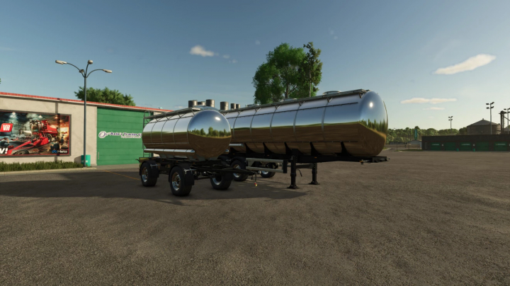 fs25-mods, Refill Farm Storage Pack V0.9 mod for Farming Simulator 25 shows two shiny metal tanks on a trailer in the game's environment.