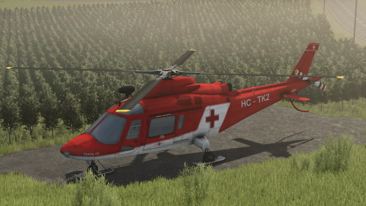 fs25-mods,  Rescue Chopper 1.1.0.0 from Farming Simulator 25 mods, featuring a red helicopter with medical markings on a grassy field.