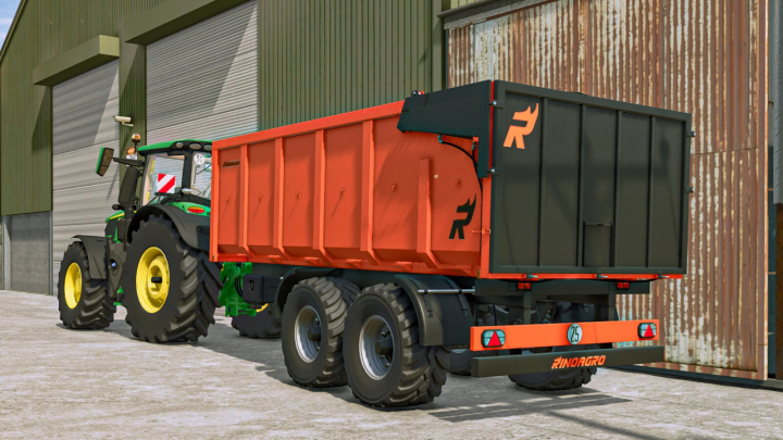 fs25-mods, Farming Simulator 25 mod: Rinoagro Tipping Trailer Pack v1.0.0.0 attached to a tractor in a farm setting.