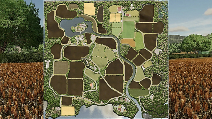 fs25-mods,  Map of Riverview from Farming Simulator 25 mods, showcasing fields, water bodies, roads, and buildings in the game.