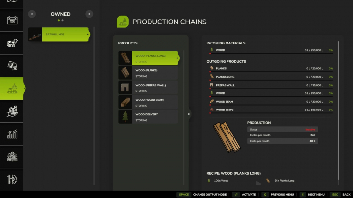 fs25-mods, In Farming Simulator 25 mods, the image shows the production chains interface for the Sawmill MGZ v1.0.0.1, displaying wood processing and products.