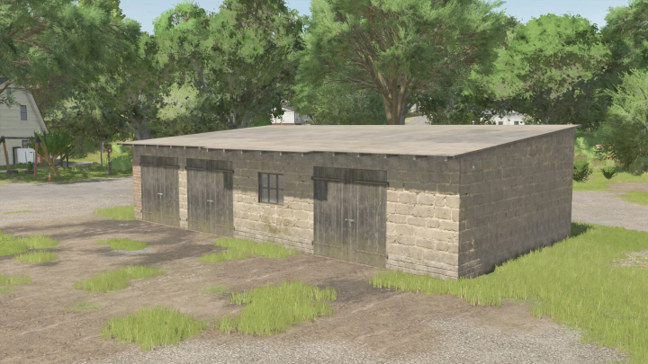 fs25-mods,  Small garage building in Farming Simulator 25 with three wooden doors and a small window, set in a rural environment.