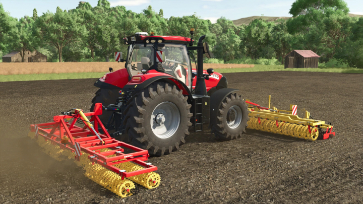 fs25-mods, Farming Simulator 25 mod: Tractor with red and yellow soil roller attachments working on a field, part of the Sopema Croskillette v1.0.0.0 mod.