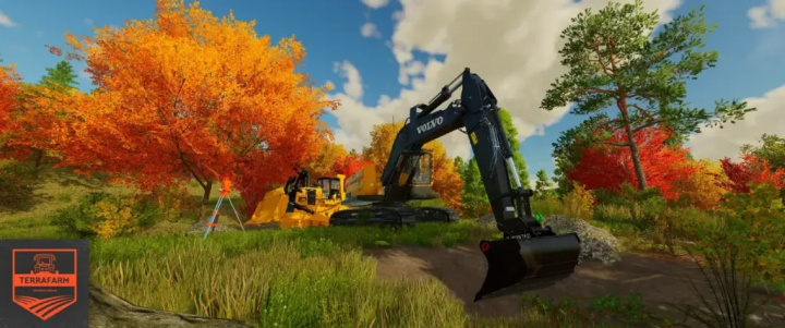 fs25-mods, Farming Simulator 25 mods: Volvo excavator working in autumn landscape with colorful trees for TerraFarm Machines v1.0.0.0.