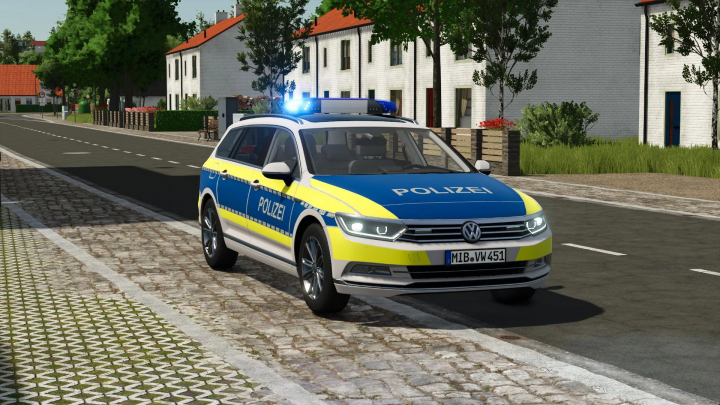fs25-mods,  In-game image of a Volkswagen Passat B8 2015 police car from Farming Simulator 25 mods with blue flashing lights parked on the roadside