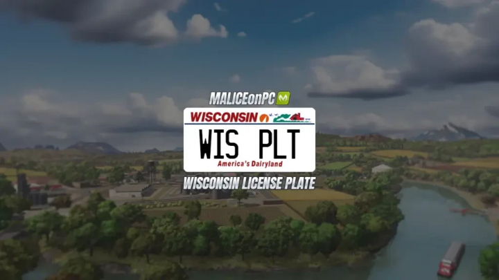 fs25-mods,  Image of a Wisconsin license plate mod in Farming Simulator 25, showing a custom plate with 'WIS PLT' and Wisconsin-themed graphics on a farmland background.