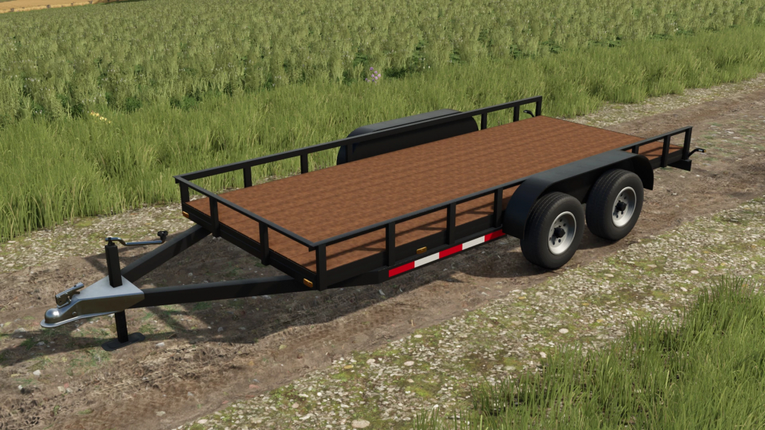 Farm sim trailer mod with a flatbed and wooden floor, perfect for Farming Simulator 25 mods in FS25 game.