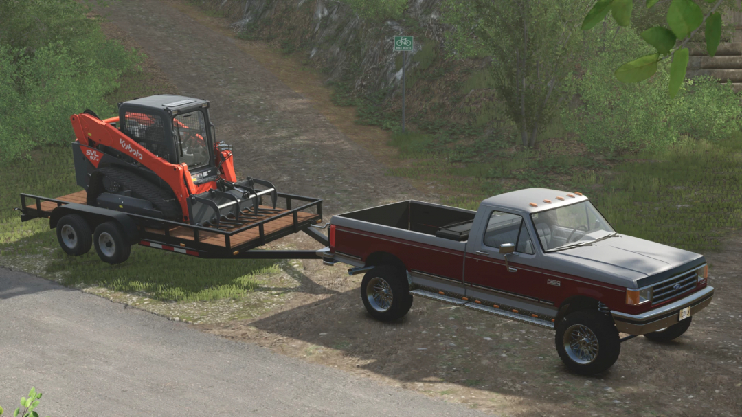 Farming Simulator 25 mod image featuring a pickup truck with a Kubota SVL 97 mini excavator on a trailer for FS25 mods.