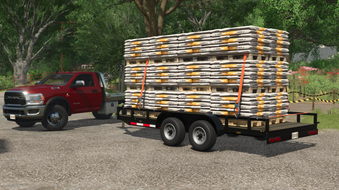 Farming Simulator 25 mod image featuring a red RAM truck with a flatbed trailer loaded with bags of Pioneer seed, used for crop planting.