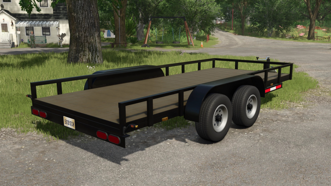 Farming Simulator 25 mod: 16 Foot Flatbed trailer on a rural road with grass and trees.