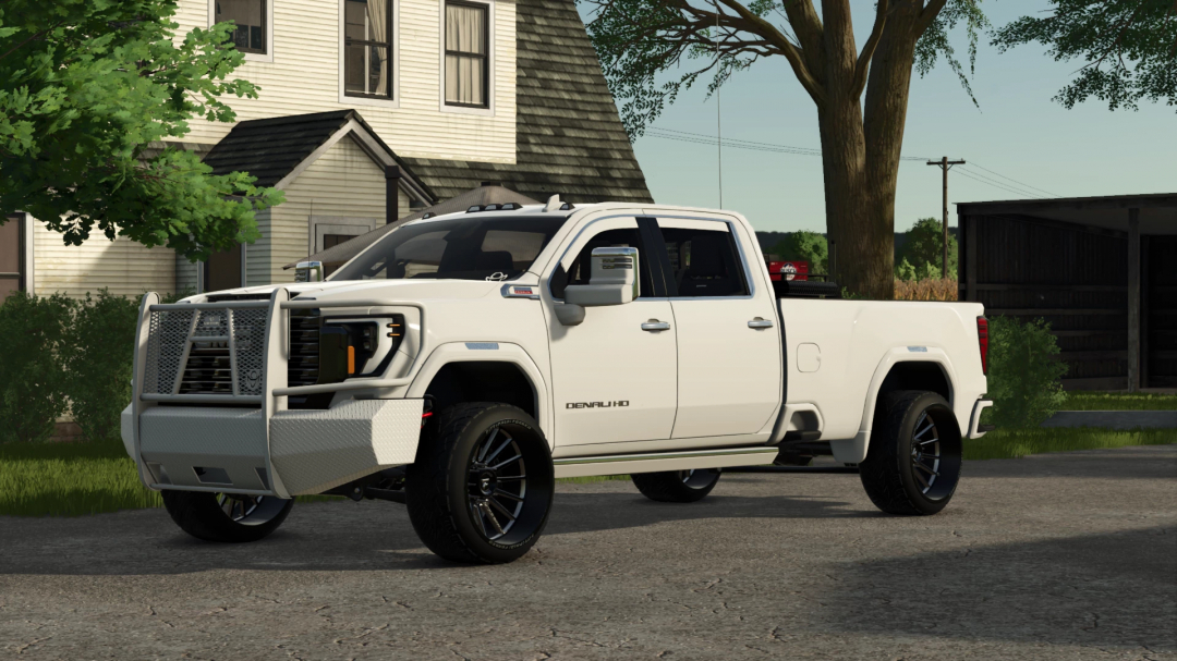 Farming Simulator 25 mod showcasing a white 2024 GMC Denali Ultimate truck with off-road modifications.