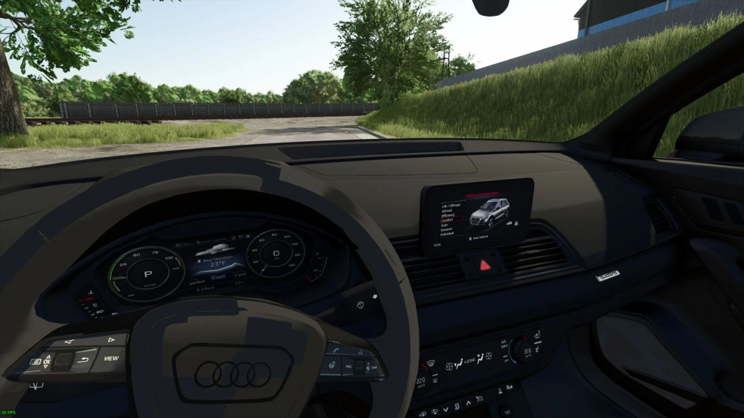 Interior of a vehicle in Farming Simulator 25 with a digital dashboard and infotainment screen, featuring an Audi Q5 T.F.S.I. 2020 mod.