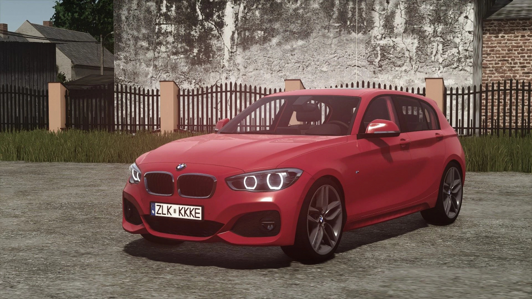 Red BMW F20 hatchback in Farming Simulator 25 with BMW F20 v1.0.0.2 mod, parked on a dirt road near a fence.