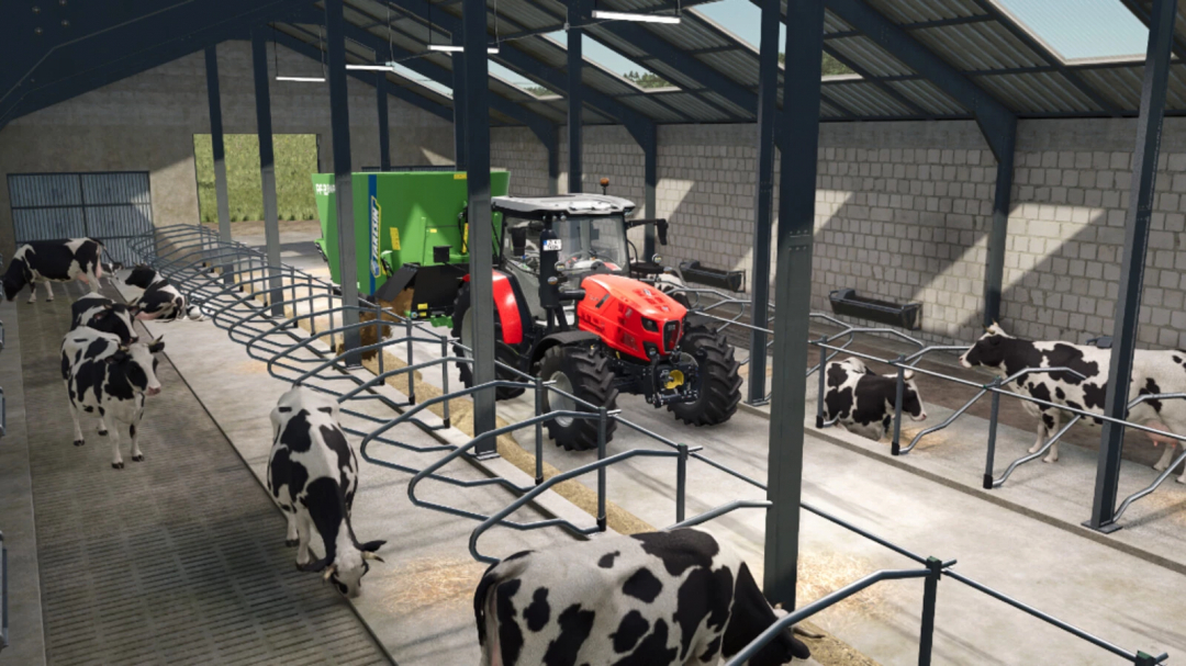 Farming Simulator 25 mod showing a cow barn with Holstein cows and a red tractor inside, highlighting FS25 mods.