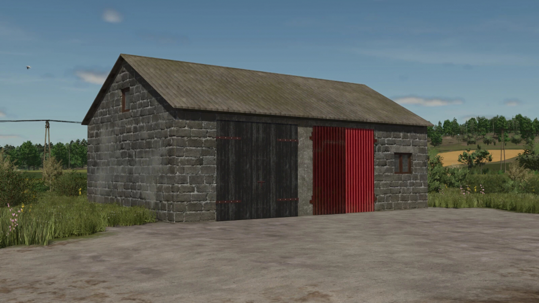 Farm building from FS25 mods, featuring stone walls, black and red sliding doors, and small window, part of the Building Farm Set v1.1.0.0 in Farming Simulator 25.