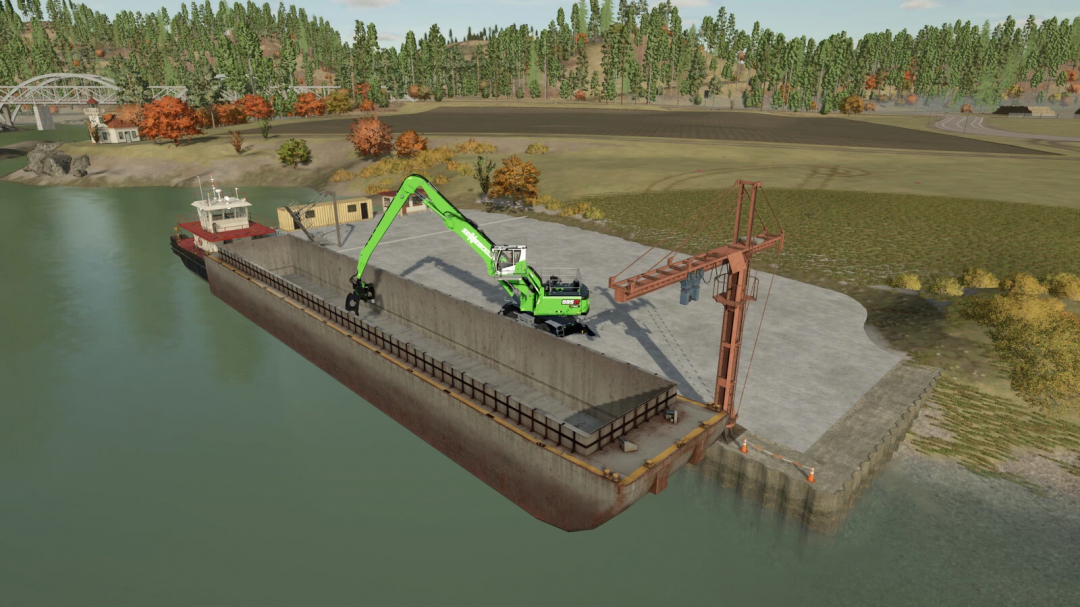 Farming Simulator 25 mods: Cargo Ship v2.0.0.0 with a green loader unloading cargo at the dock.