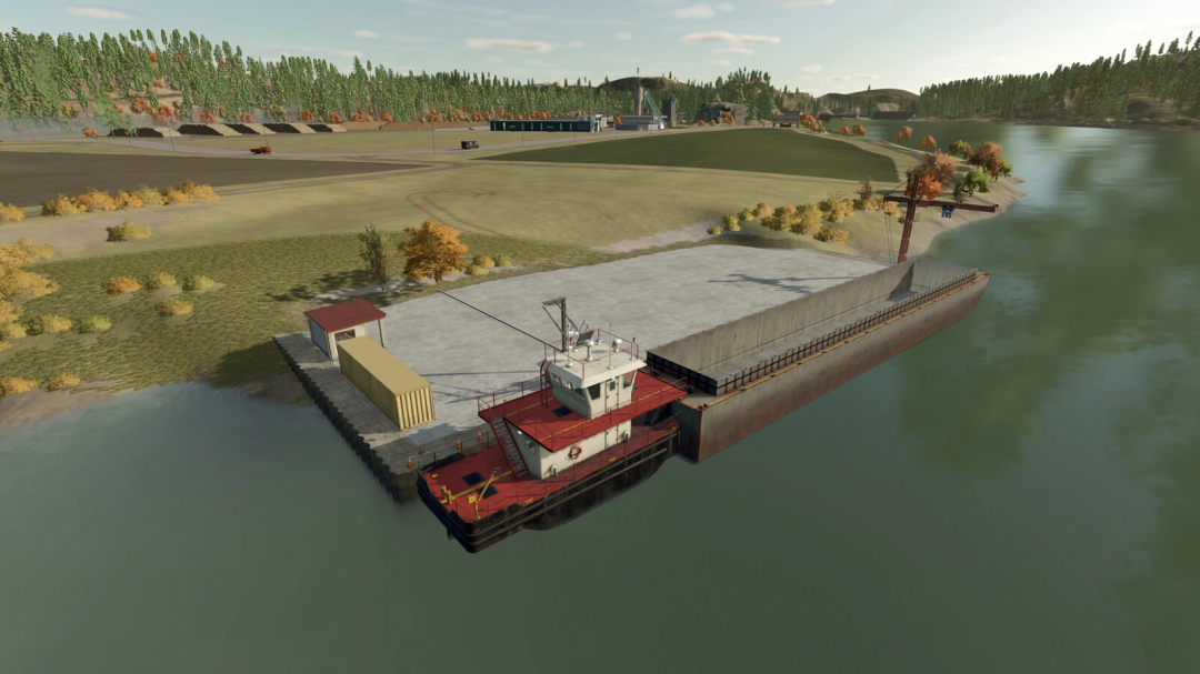 Cargo Ship v2.0.0.0 from Farming Simulator 25 mods, docked at the port with containers and a crane, ready for loading or unloading.