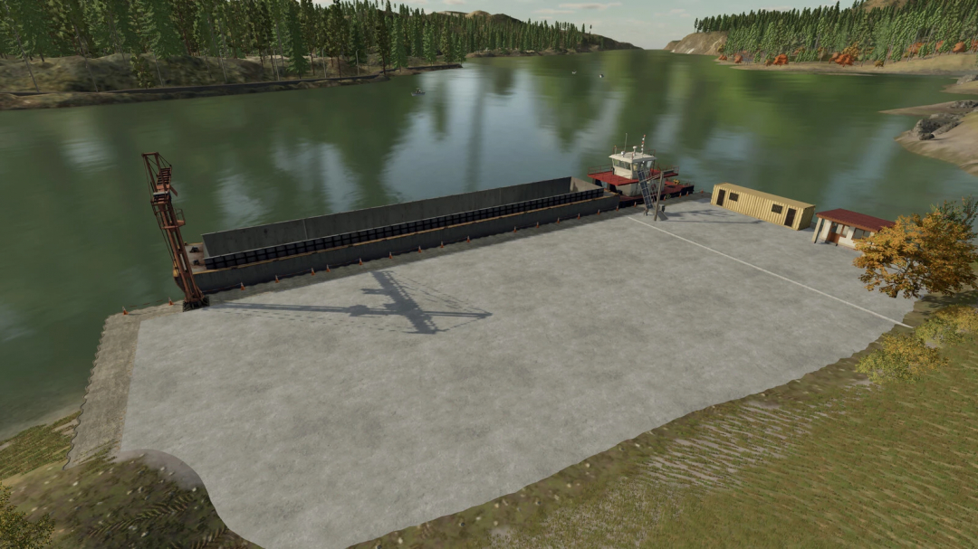 Farming Simulator 25 mod showcasing a cargo ship docked at a port with a large concrete area, trees, and water in the background.