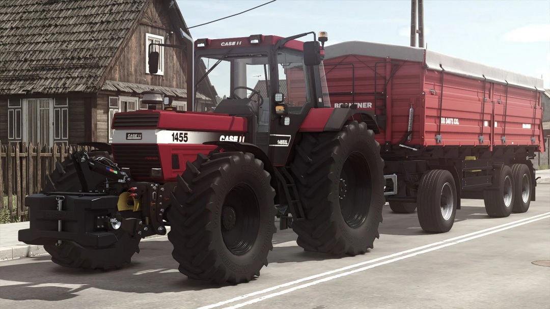 Farming Simulator 25 mod: Case IH 1455 XL Turbo tractor with red trailer on rural road.