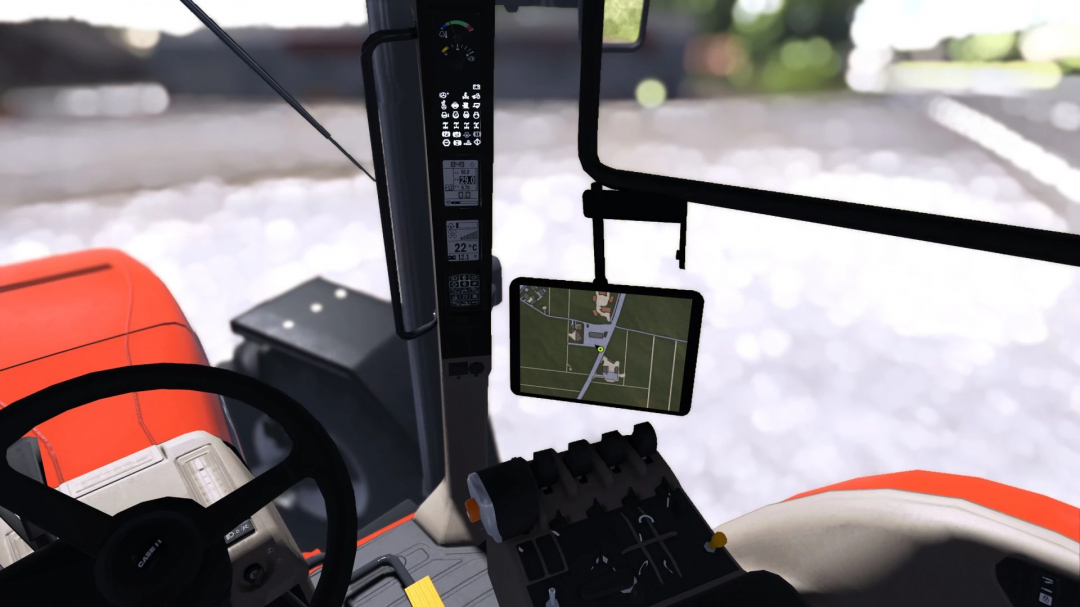 Interior view of a Farming Simulator 25 mod highlighting the dashboard, touchscreen GPS, and control panel inside a Case IH tractor.