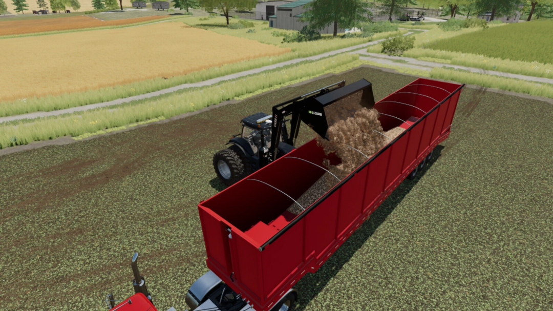 Farming Simulator 25 mod: tractor filling a large red forage wagon with harvested crop.