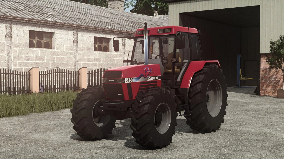 Farming Simulator 25 mods: Case IH Maxxum 5100 Series tractor from FS25 mods, parked outside a farm building.