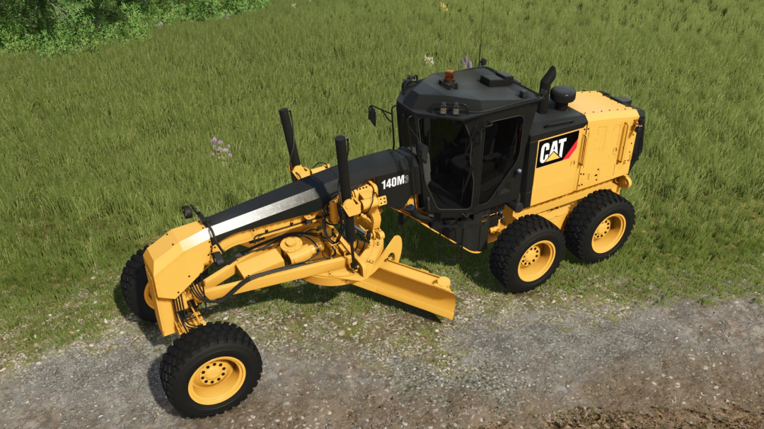 Caterpillar 140M motor grader mod in Farming Simulator 25, black and yellow with detailed hydraulic components on green grass.
