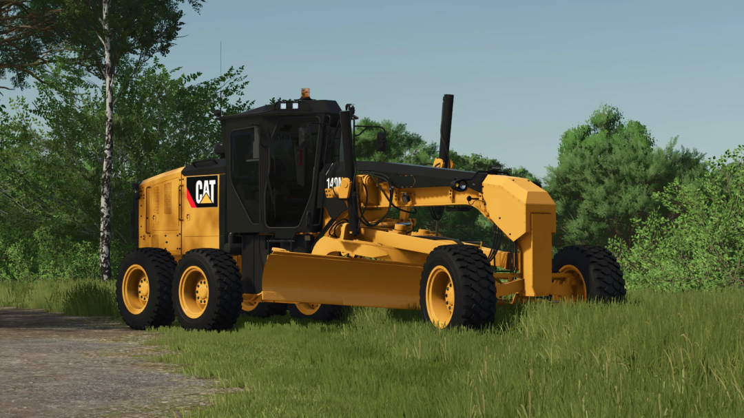 Farming Simulator 25 mod featuring a yellow CAT Caterpillar 140NG construction loader in a grassy field.