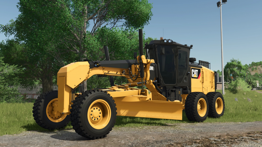 Farming Simulator 25 mod featuring a CAT Caterpillar 140NG road grader on a grassy field with trees.