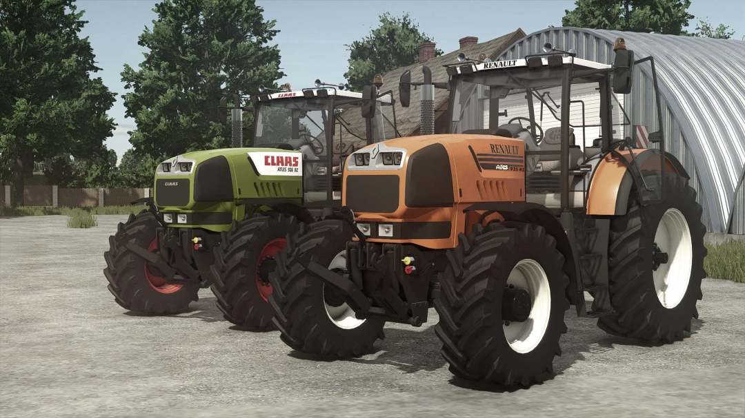 Two Farmall tractors with Claas and Renault branding, showcasing FS25 mods, parked outdoors near a barn in Farming Simulator 25.