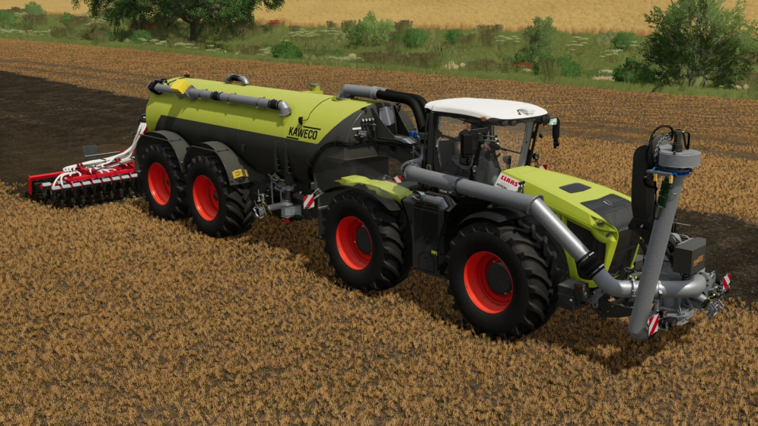 Farming Simulator 25 mod: Claas Xerion 4200 - 5000 tractor with Kaweco slurry tanker and equipment working in a field.