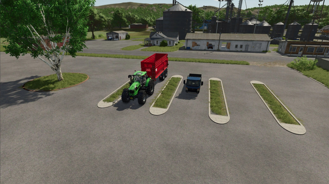 Parking lot with a green tractor hauling a red trailer and two other vehicles, trees, and farm buildings in Farming Simulator 25 mod.