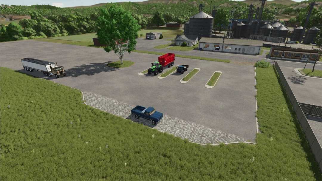 Parking lot with various vehicles including a tractor with a red trailer, a black truck, and a vintage truck in Farming Simulator 25 with FS25 mods.