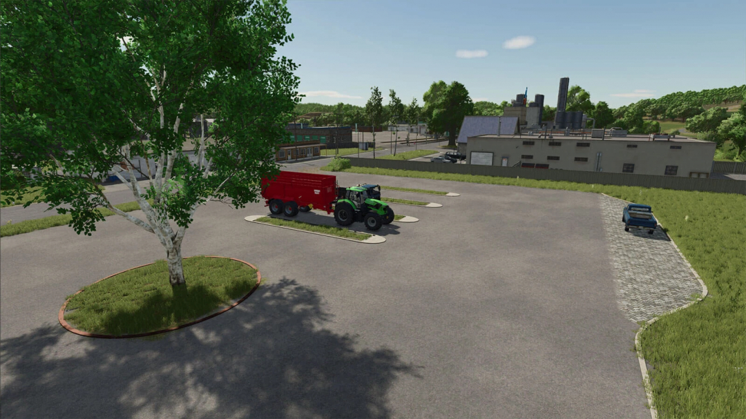 Farming Simulator 25 mod scene with a tractor, red trailer, parking lot, and factory background, showcasing the Curb Pack v1.0.0.0 mod.